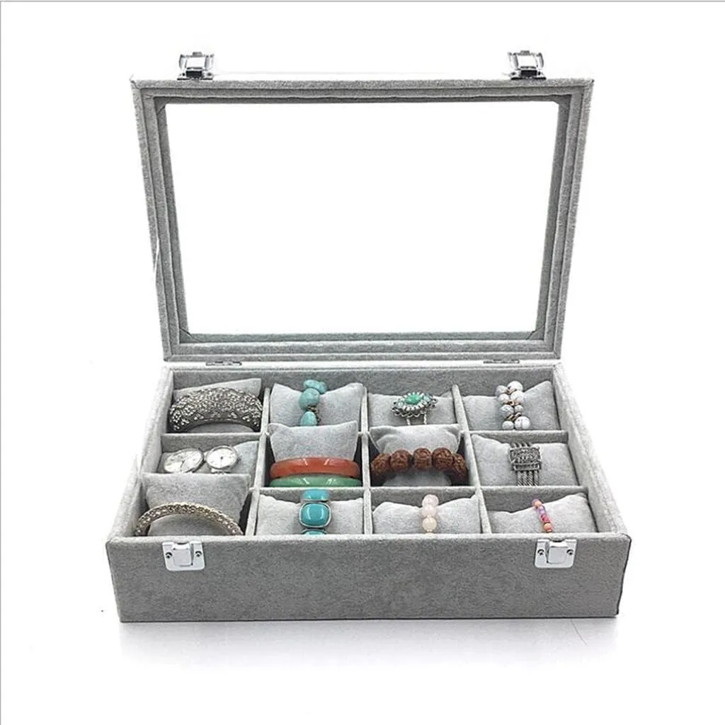 - 13.7x9.4 inch - Luxury Velvet Jewelry Showcase Bracelet Watch Organizer Box 12 Slots- Stylish, Storage silicon Display for Necklace, Bangle - Environmental Material 