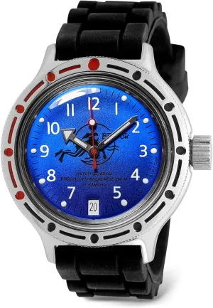 | Luminous dots VOSTOK | Scuba Dude Amphibian Automatic Self-Winding 40mm Diver Wrist Watch | WR 200m | Amphibia 420379 | Blue Dial labor scandal patriot male serigraphy Mechanical Watch 