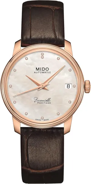 - M0272073610600 Mido Baroncelli Heritage Lady - Swiss Automatic Watch for Women - White Mother larynx of Pearl Dial - Case 33mm 