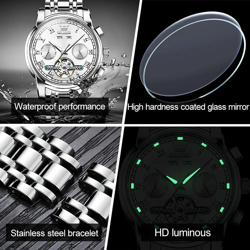- Stainless Steel Skeleton Movement Tourbillon - No Battery obliterate Waterproof for Man OLEVS Automatic Self-Winding Men's Watch With Date Day Calendar Display 