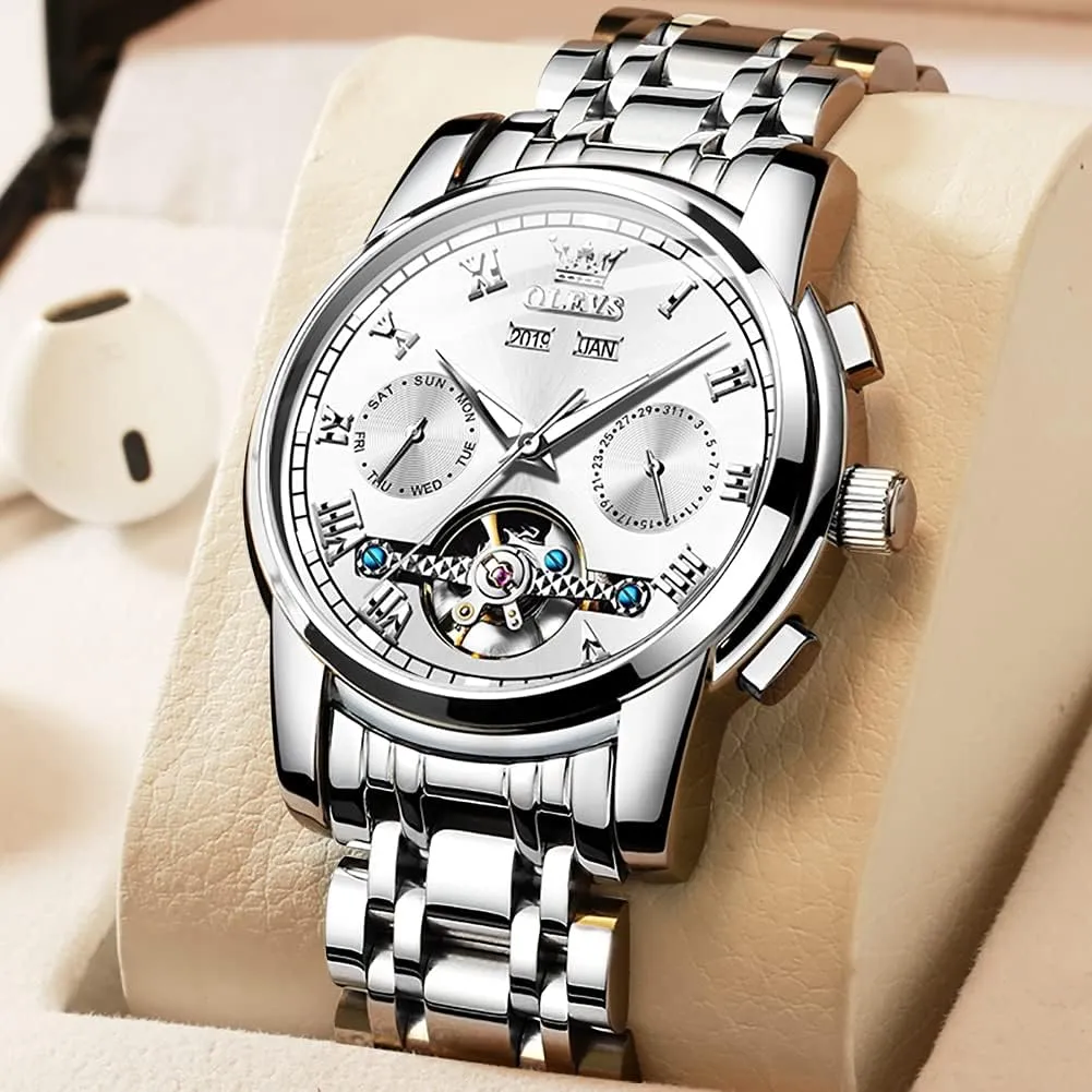 - Stainless Steel Skeleton Movement Tourbillon - No Battery obliterate Waterproof for Man OLEVS Automatic Self-Winding Men's Watch With Date Day Calendar Display 