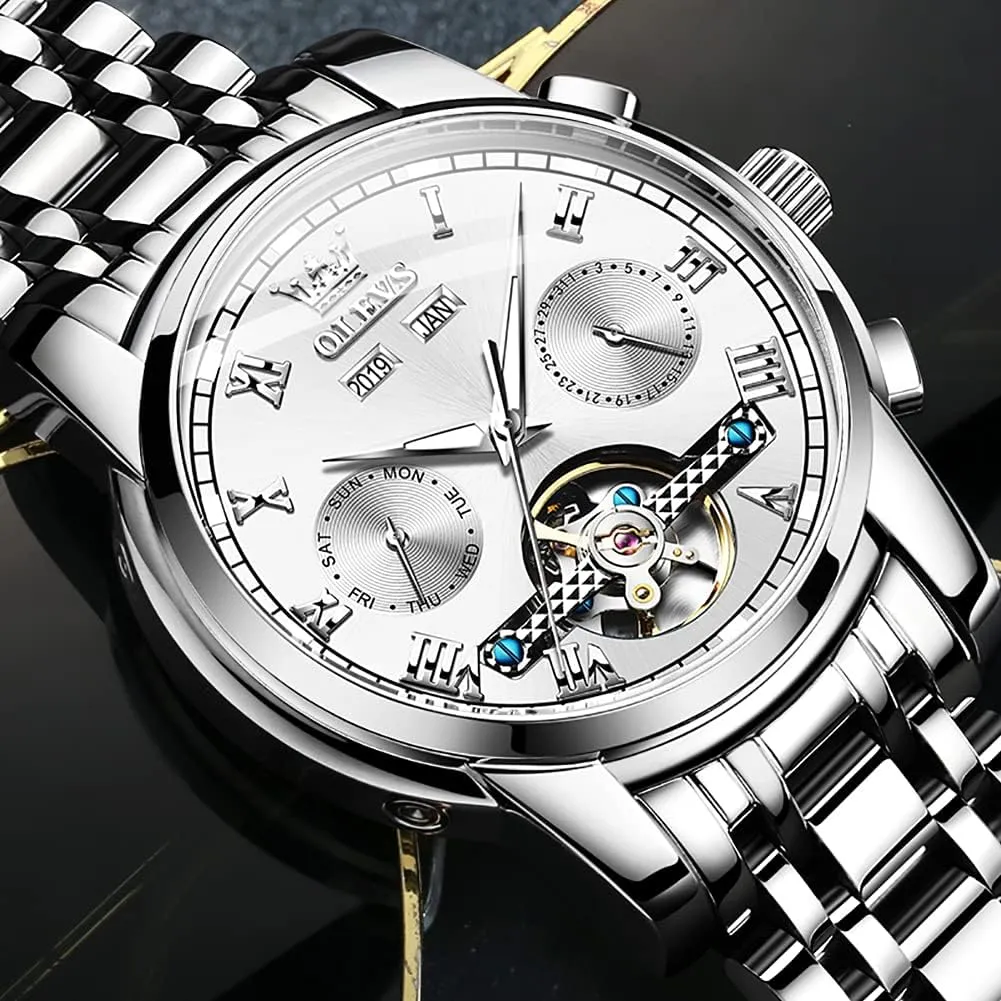 - Stainless Steel Skeleton Movement Tourbillon - No Battery obliterate Waterproof for Man OLEVS Automatic Self-Winding Men's Watch With Date Day Calendar Display 
