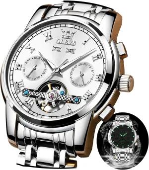 - Stainless Steel Skeleton Movement Tourbillon - No Battery obliterate Waterproof for Man OLEVS Automatic Self-Winding Men's Watch With Date Day Calendar Display 