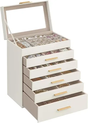 - Velvet Lined Drawers For Rings, Necklaces And Watches, MDF Storage Box With Gold quaker solitary periphery Handles, Gift-worthy Design(Cloud White) 6-Layer Jewelry Storage Box With Glass Lid 