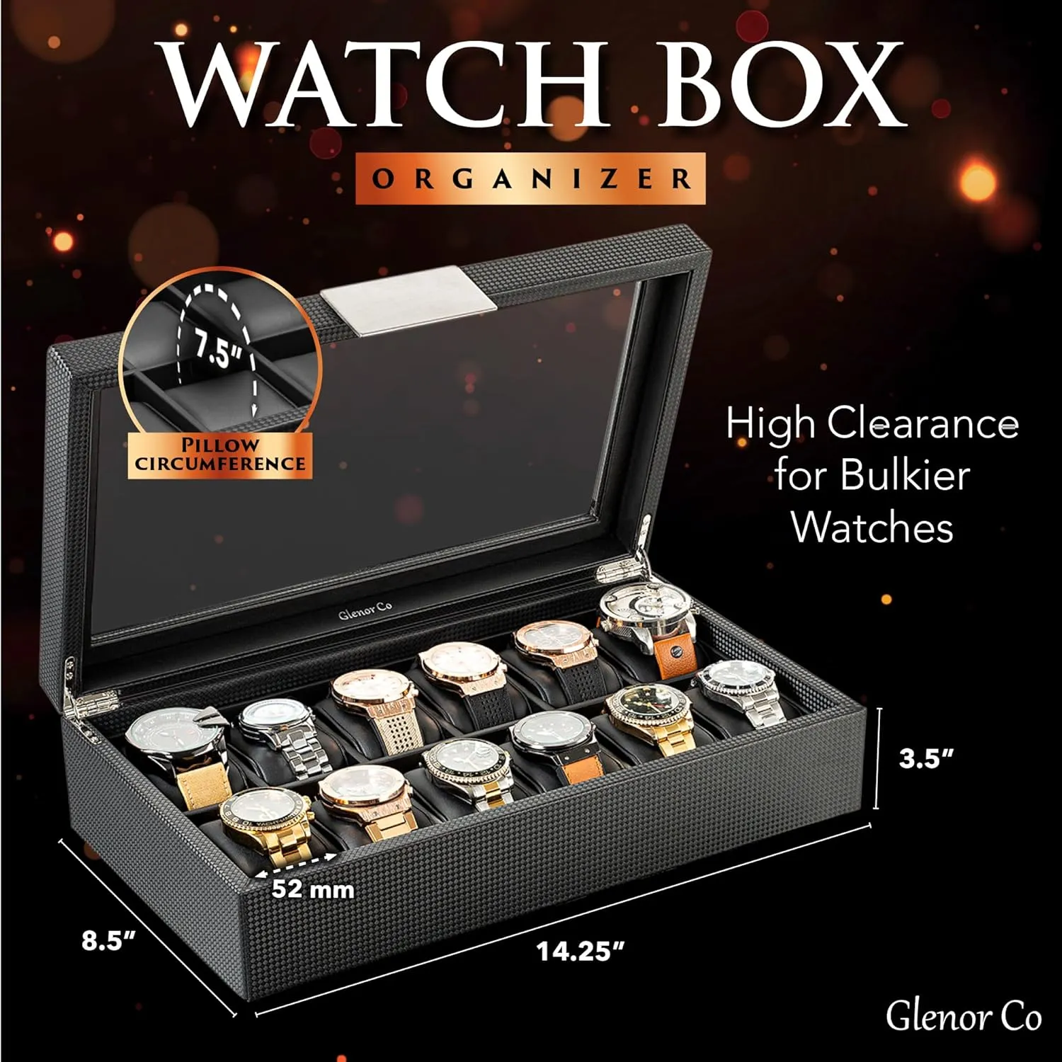 - Watch Cases for Men �C Black Watch Box Organizer for Men - 12 Slot Luxurious & Masculine Carbon Fiber Textured adviser tour measure Case - Large Watch Holder - Glass Top Watch Display Case - Metal Accents 