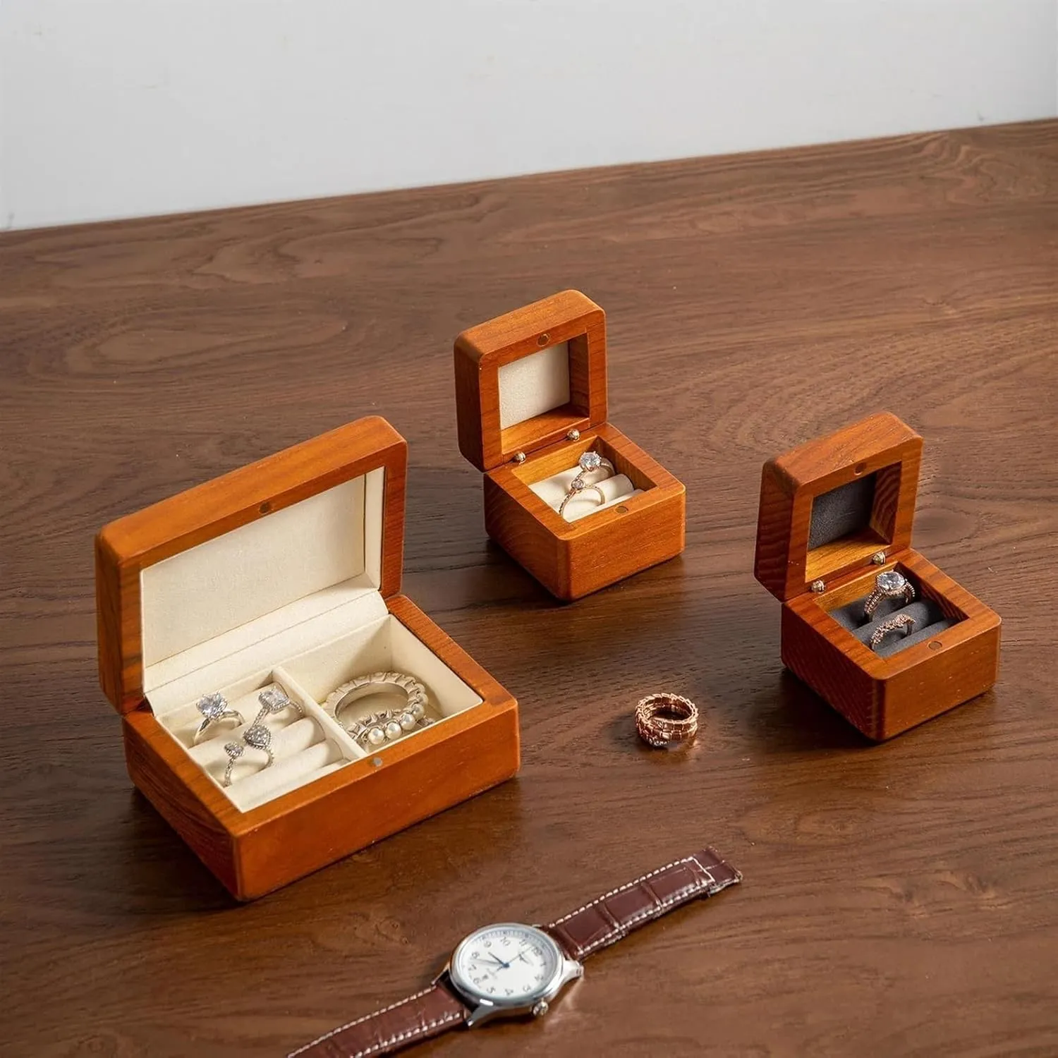 2 Layer Wooden duet Jewelry Box Small Jewelry Boxes Necklace Organiser Wooden Jewelry Box Storage Ring Earring Watch Solid Wood Couple Ring Box 