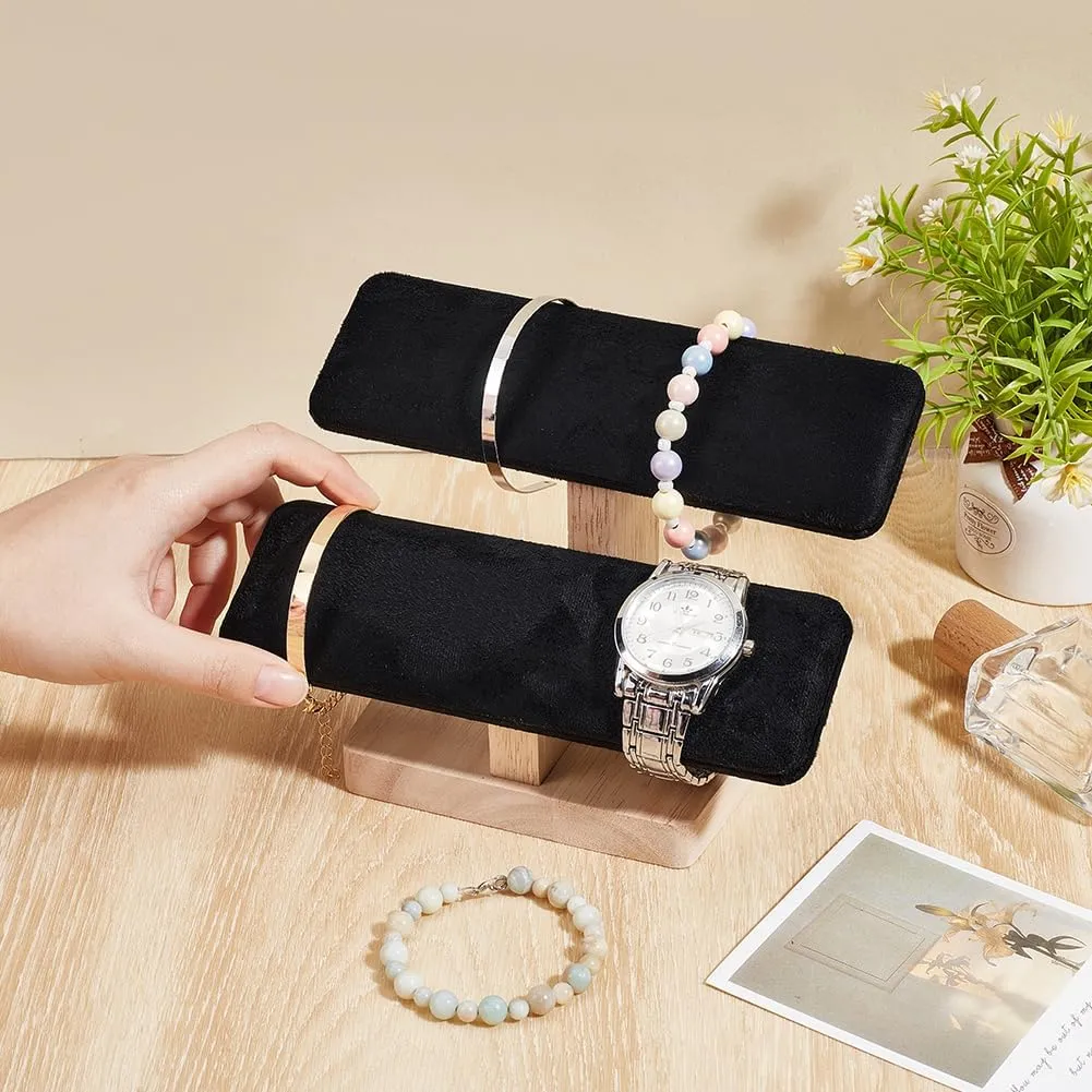 2 Tiers Velvet Bracelet Display Stands with Wooden Base Rectangle Bracelet Organizer Holder Watch Display Tower for Home Retail flee cubism Display, Black NBEADS Wood Watch Display Stand, 7.76x4.88x5.2inch 