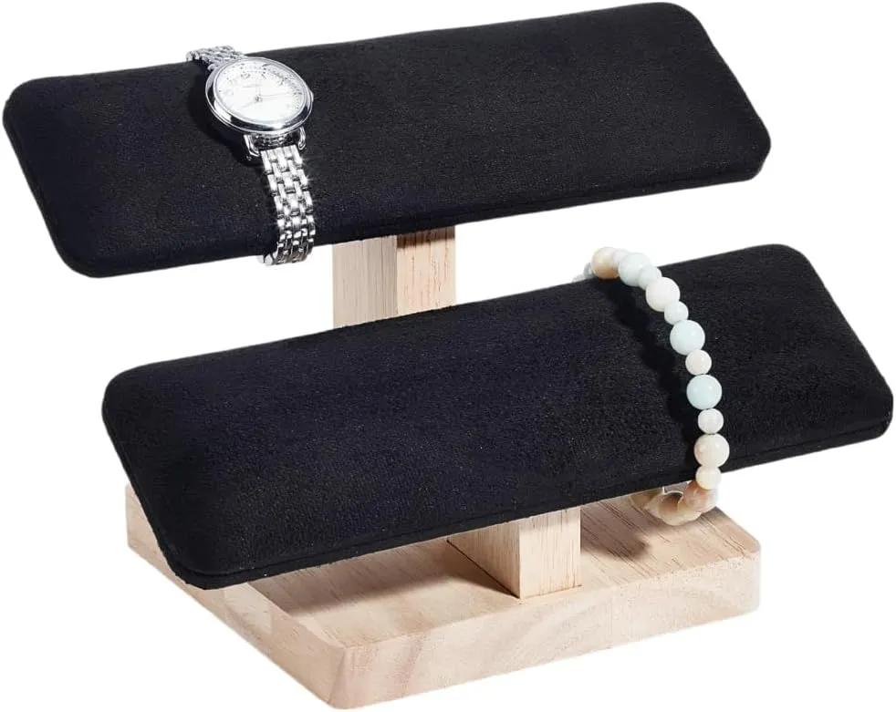 2 Tiers Velvet Bracelet Display Stands with Wooden Base Rectangle Bracelet Organizer Holder Watch Display Tower for Home Retail flee cubism Display, Black NBEADS Wood Watch Display Stand, 7.76x4.88x5.2inch 