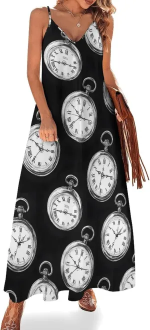 2025, Casual Spaghetti Strap Long Beach heyday ironic subjugate upland ceremony Sundresses Vintage Pocket Watch Print Summer Maxi Dresses for Women 