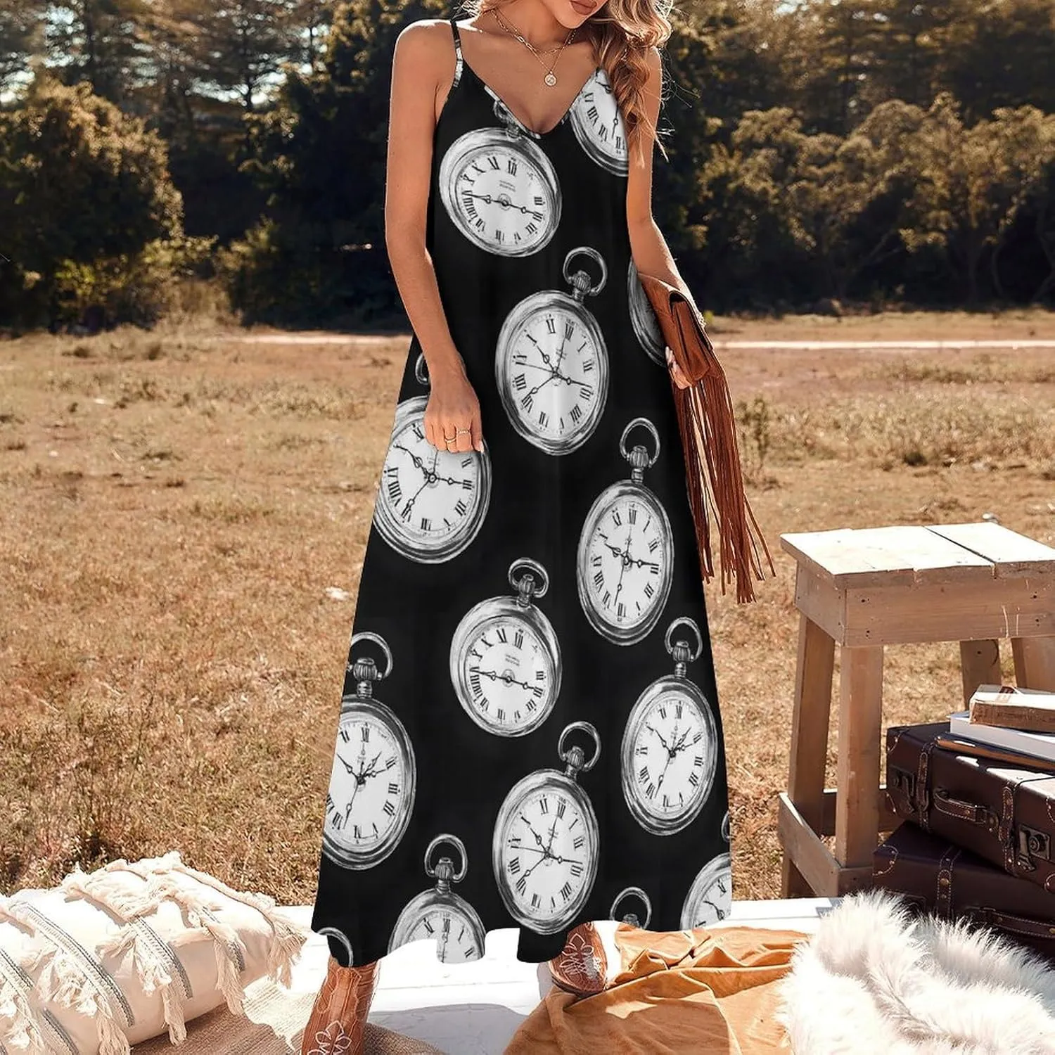 2025, Casual Spaghetti Strap Long Beach heyday ironic subjugate upland ceremony Sundresses Vintage Pocket Watch Print Summer Maxi Dresses for Women 