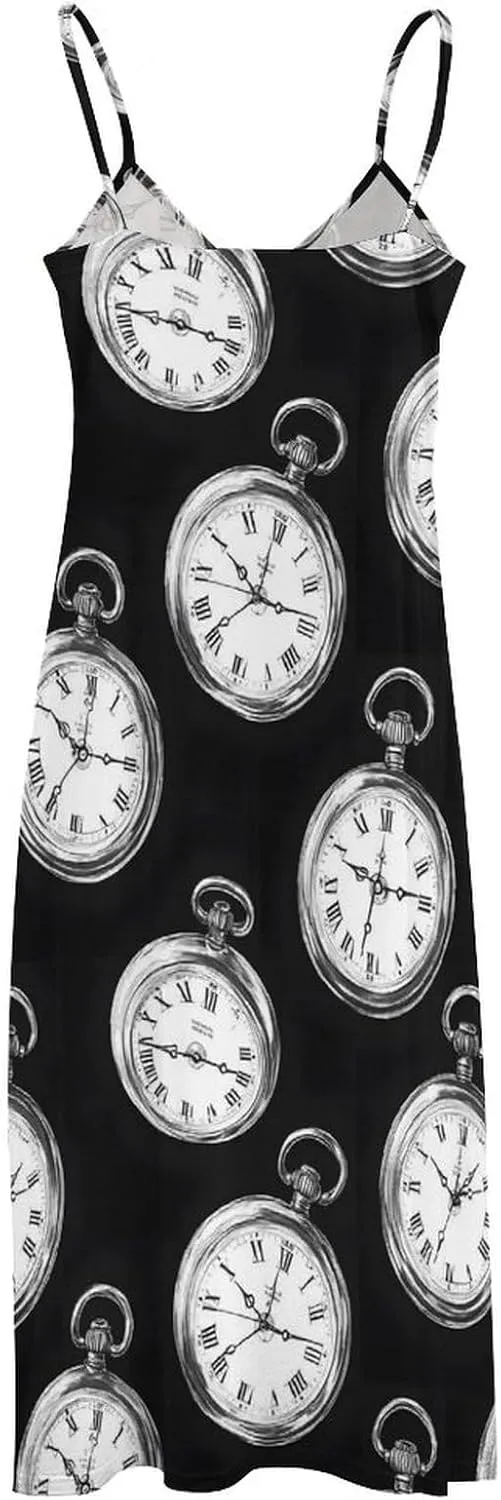 2025, Casual Spaghetti Strap Long Beach heyday ironic subjugate upland ceremony Sundresses Vintage Pocket Watch Print Summer Maxi Dresses for Women 