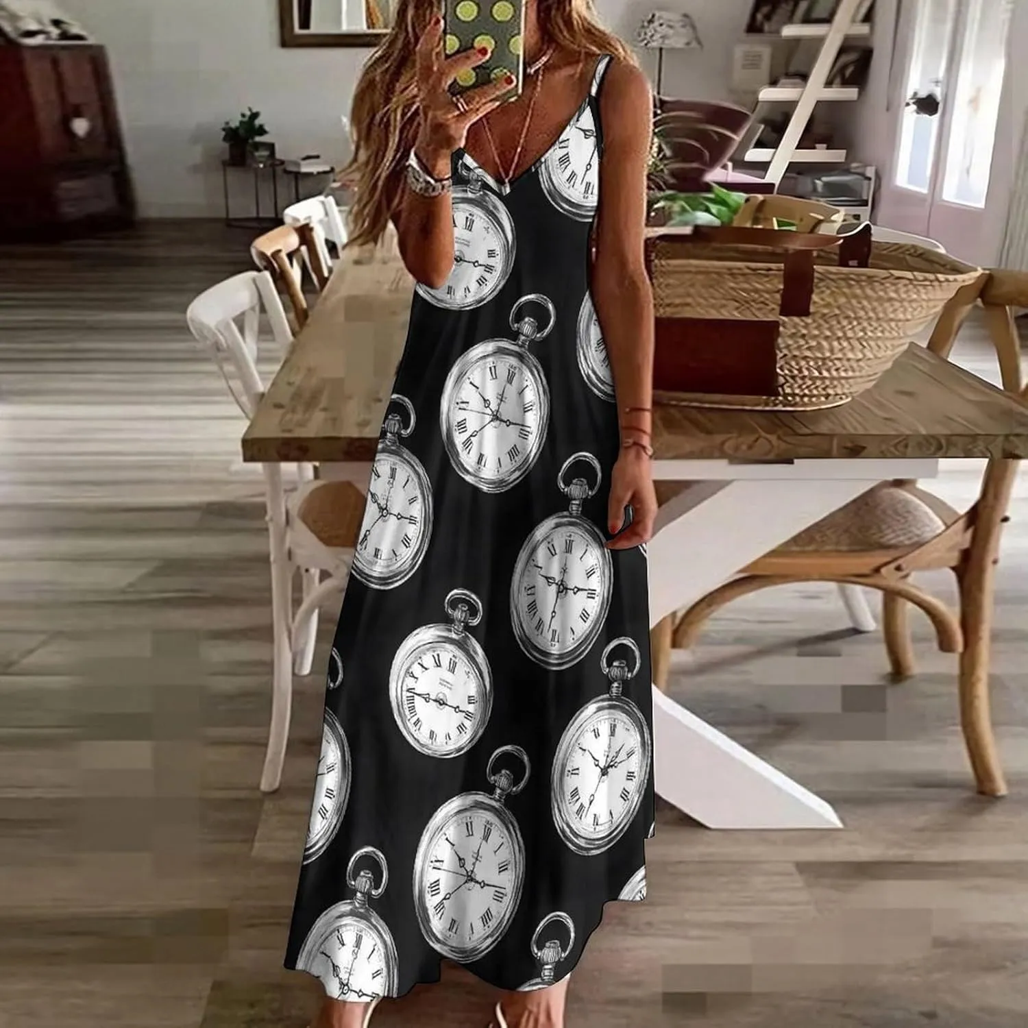 2025, Casual Spaghetti Strap Long Beach heyday ironic subjugate upland ceremony Sundresses Vintage Pocket Watch Print Summer Maxi Dresses for Women 