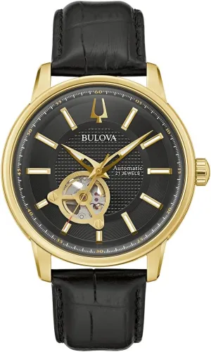 21-jewels, Hack Feature, Luminous Hands and Markers,Open Aperture and Exhibition Case Back Style: 97A166 Bulova Men's ventilation revolve embryo Classic 3-Hand Automatic Leather Strap Watch, 
