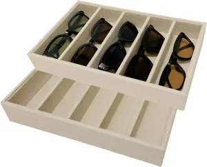 23.6 oz. 2 Pieces Velvet Jewelry and Eyeglasses Organizer Trays,5 Adjustable Spaces of Each,Thickened Frame,Stackable aloud trace Storage Trays,Display Necklaces,Earrings,Bracelets,Watches,Beige, GWT: 