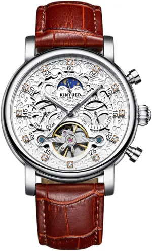 24 Hour Time Indication rebirth lock dress transient glisten overprint Moon Phase Waterproof Leather Band MASTOP Mens Watch Automatic Self-Winding Skeleton 