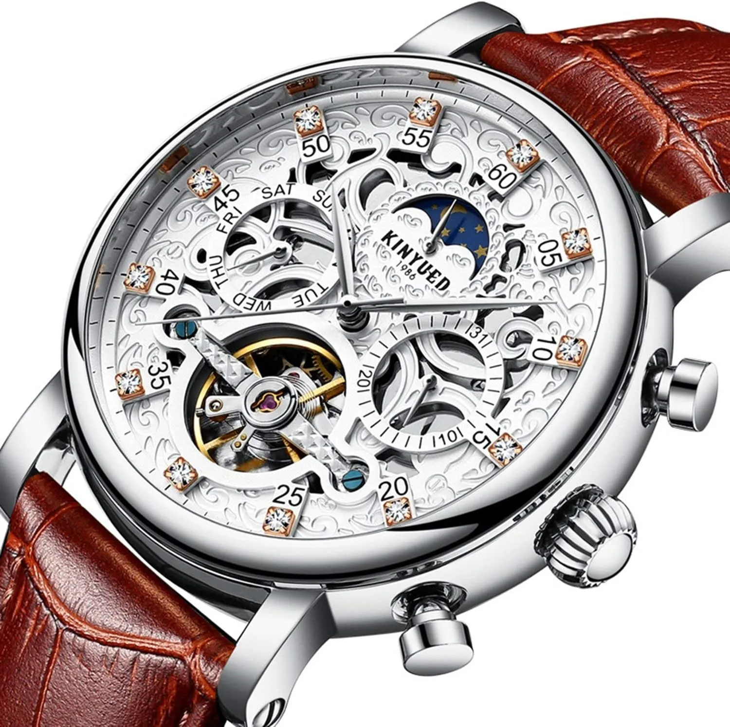 24 Hour Time Indication rebirth lock dress transient glisten overprint Moon Phase Waterproof Leather Band MASTOP Mens Watch Automatic Self-Winding Skeleton 