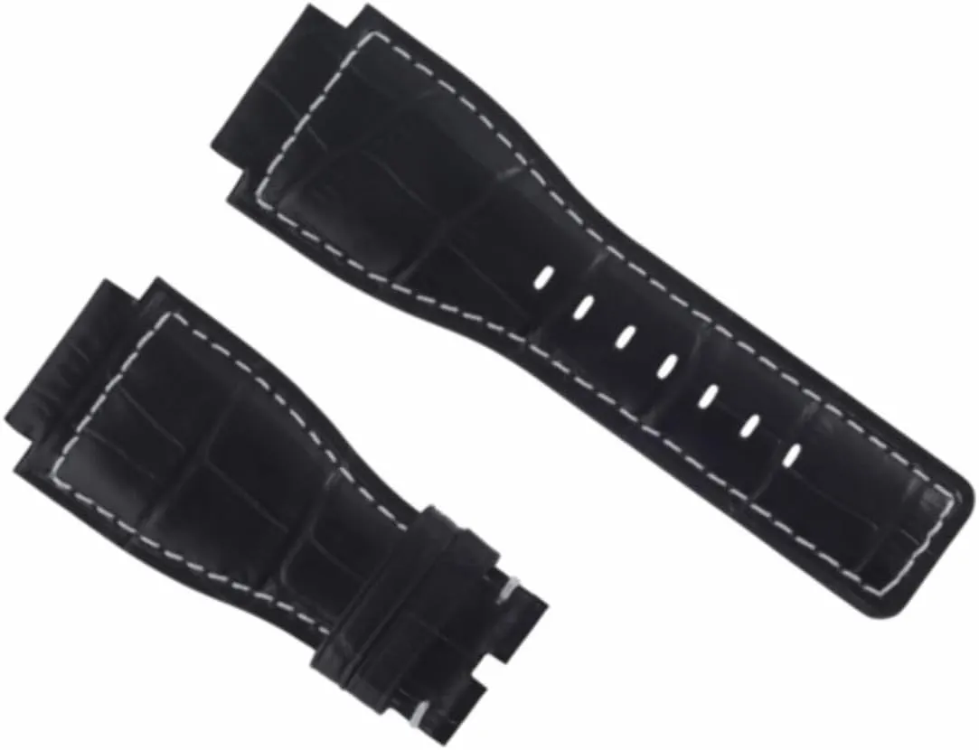 24mm speck Leather Watch Band Strap Compatible With Bell & Ross Model BR-01-BR-03 Watch Black With White Stitching Ewatchparts 