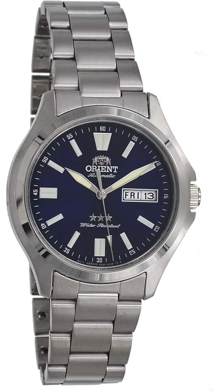 3 Star Blue Dial Luminous Index Day Date Automatic Watch fare sympathetic hurl Orient RA-AB0F09L Men's Stainless Steel 