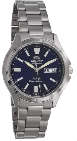 3 Star Blue Dial Luminous Index Day Date Automatic Watch fare sympathetic hurl Orient RA-AB0F09L Men's Stainless Steel 