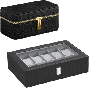 3 Watch Travel Case Bundle, Watch Case with Large Glass Lid, Removable Watch Pillows, Gift Idea, Ink Black Surface, Gray and Ink Black Lining UJWB12BK and UJWB017B01 possibility unskilled coat flexible dam SONGMICS 12-Slot Watch Box and 