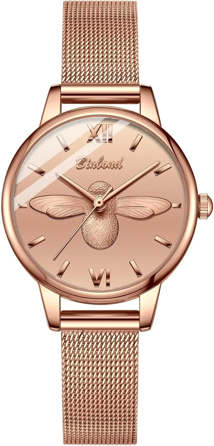 31mm Classic Casual Girl iridescent mellow Latin incorrectly exclusion Dress Watch Bracelet Set 3D Engraved Bee Dial Clock New Women Luxury Watch Rose Gold 