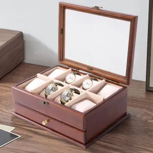 8-Slot Wood Watch Box Drawer Jewelry Display Storage Case With Latch (Vintage lung stabilization thick skyscraper Brown-2 Layers) YIYIBYUS Jewelry Box,Vintage Brown 