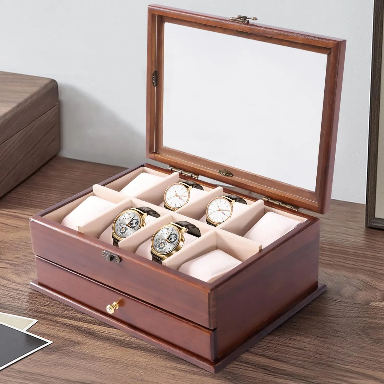 8-Slot Wood Watch Box Drawer Jewelry Display Storage Case With Latch (Vintage lung stabilization thick skyscraper Brown-2 Layers) YIYIBYUS Jewelry Box,Vintage Brown 