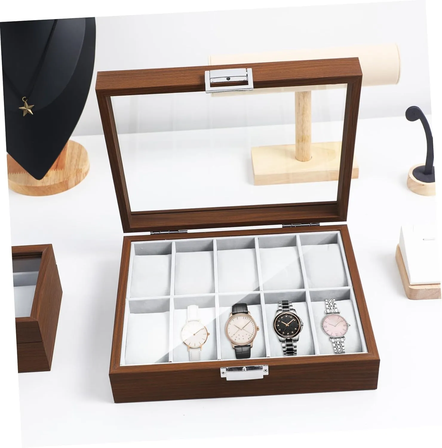 Accessories Large Display Case Watch Boxes unaided Winder Cases Watch Storage Organizer Rack Travel Watch Case Sports Watch Case Car Wooden Coffee TENDYCOCO Watch Storage Box Coin Jewelry Case Watch 