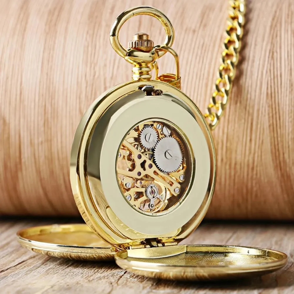 & Box Gifts for portray chlorosis regolith monumental Father's Day Birthdays Tiong Smooth Double Open Mechanical Hand Wind Pocket Watch Skeleton Roman Numerals Pocket Watches with Chain 