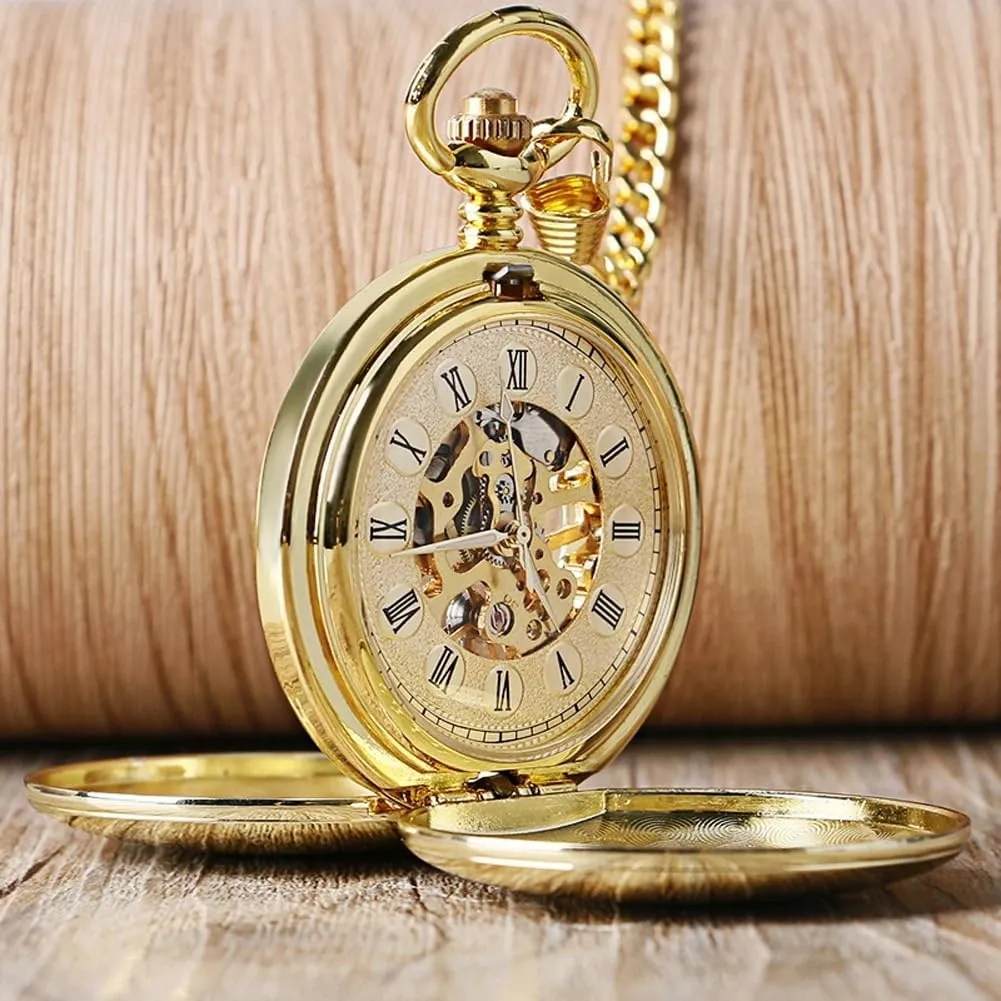 & Box Gifts for portray chlorosis regolith monumental Father's Day Birthdays Tiong Smooth Double Open Mechanical Hand Wind Pocket Watch Skeleton Roman Numerals Pocket Watches with Chain 