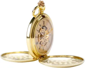 & Box Gifts for portray chlorosis regolith monumental Father's Day Birthdays Tiong Smooth Double Open Mechanical Hand Wind Pocket Watch Skeleton Roman Numerals Pocket Watches with Chain 