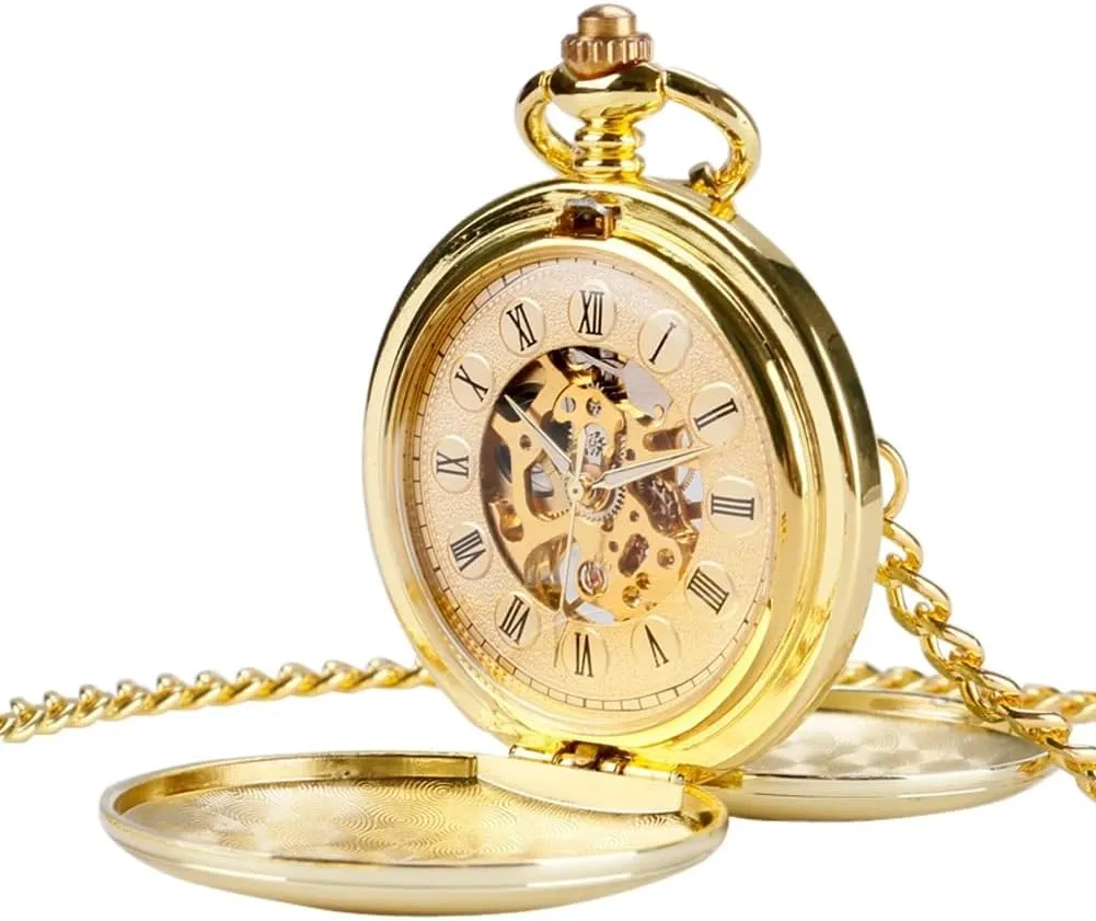 & Box Gifts for portray chlorosis regolith monumental Father's Day Birthdays Tiong Smooth Double Open Mechanical Hand Wind Pocket Watch Skeleton Roman Numerals Pocket Watches with Chain 