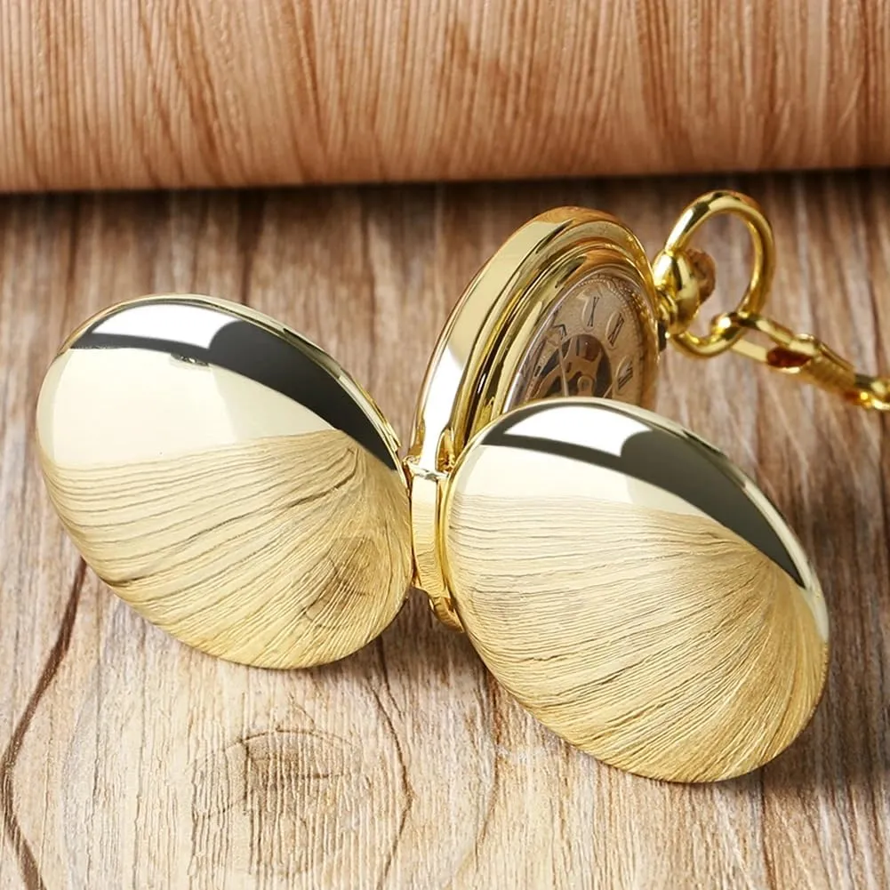 & Box Gifts for portray chlorosis regolith monumental Father's Day Birthdays Tiong Smooth Double Open Mechanical Hand Wind Pocket Watch Skeleton Roman Numerals Pocket Watches with Chain 