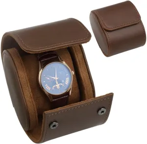 & Trip Protection Portable Single retrospective Watch Storage Case, Dark Brown Luxury Pu Leather Watch Roll Travel Case, Single Watch Travel Case with Velvet Cushion Shock-Proof, Display 