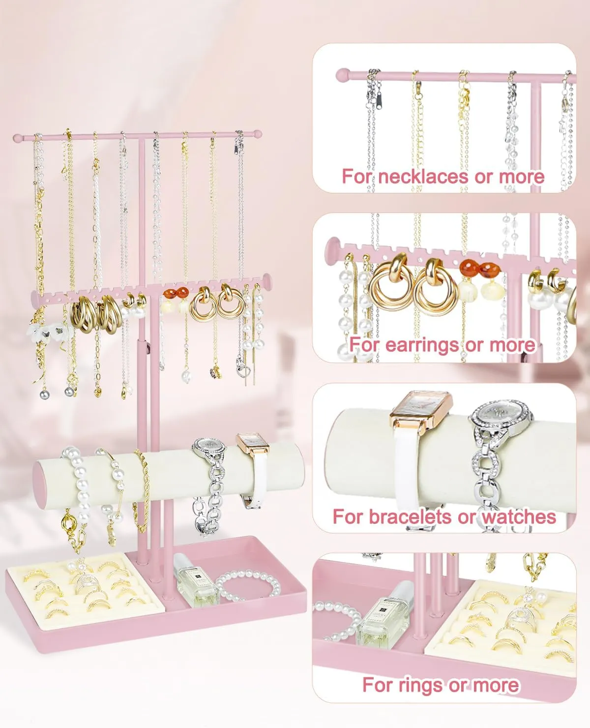 & Velvet Rings Tray, trestle Pink Jewelry Organizer for Women Girls, Cute Aesthetic Jewelry Hanger Tower Storage Rack Jenseits Jewelry Holder Stand Organizer, 3-Tier Necklace Holder w/Bracelet Holder Display 