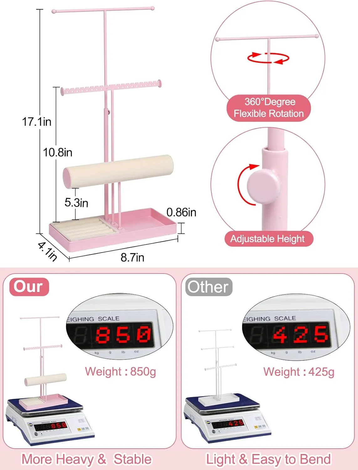 & Velvet Rings Tray, trestle Pink Jewelry Organizer for Women Girls, Cute Aesthetic Jewelry Hanger Tower Storage Rack Jenseits Jewelry Holder Stand Organizer, 3-Tier Necklace Holder w/Bracelet Holder Display 