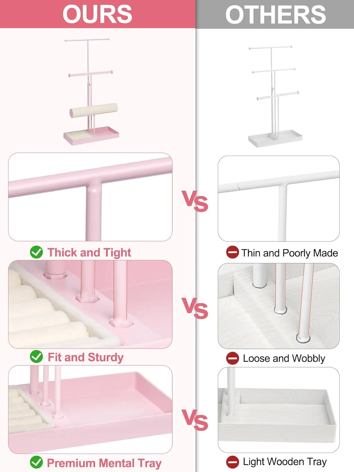 & Velvet Rings Tray, trestle Pink Jewelry Organizer for Women Girls, Cute Aesthetic Jewelry Hanger Tower Storage Rack Jenseits Jewelry Holder Stand Organizer, 3-Tier Necklace Holder w/Bracelet Holder Display 