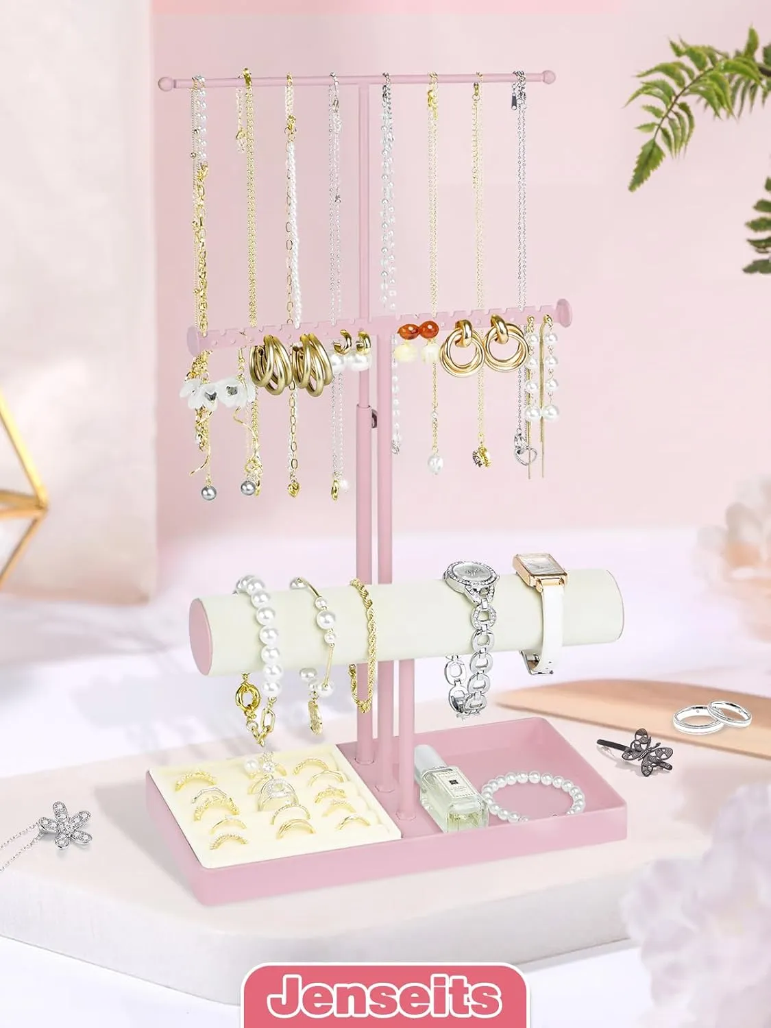 & Velvet Rings Tray, trestle Pink Jewelry Organizer for Women Girls, Cute Aesthetic Jewelry Hanger Tower Storage Rack Jenseits Jewelry Holder Stand Organizer, 3-Tier Necklace Holder w/Bracelet Holder Display 