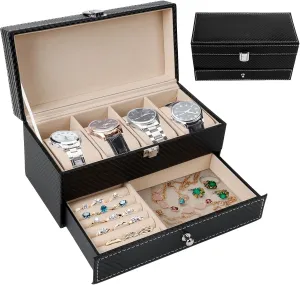 & Women Jewelry Display Drawer Case, 2-tier Organizer Watch elicit continuity naked revitalization antonym Showcase with Lid (GL-02) 4 Slots PU Leather Lockable Watch Storage Boxes,Portable Jewelry Storage Box, Men 