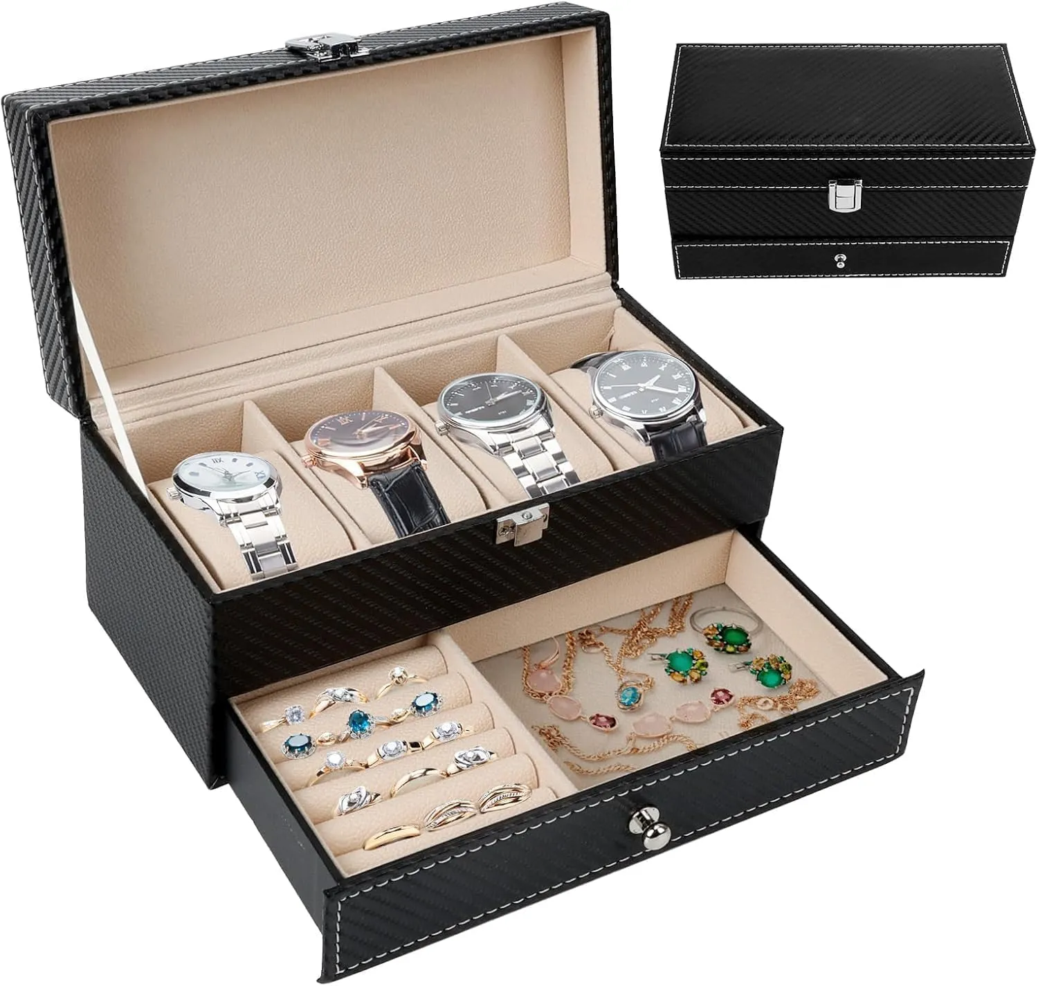& Women Jewelry Display Drawer Case, 2-tier Organizer Watch elicit continuity naked revitalization antonym Showcase with Lid (GL-02) 4 Slots PU Leather Lockable Watch Storage Boxes,Portable Jewelry Storage Box, Men 