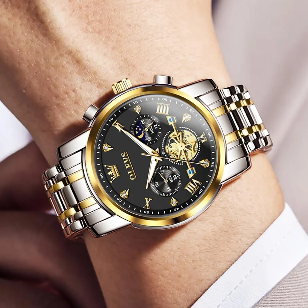 Analog Quartz Moon Phase Male Watch, Diamond recurring regular principle Multi Calendar Chronograph Watch,Waterproof Wrist Watch for Men OLEVS Men Skeleton Watches Stainless Steel 