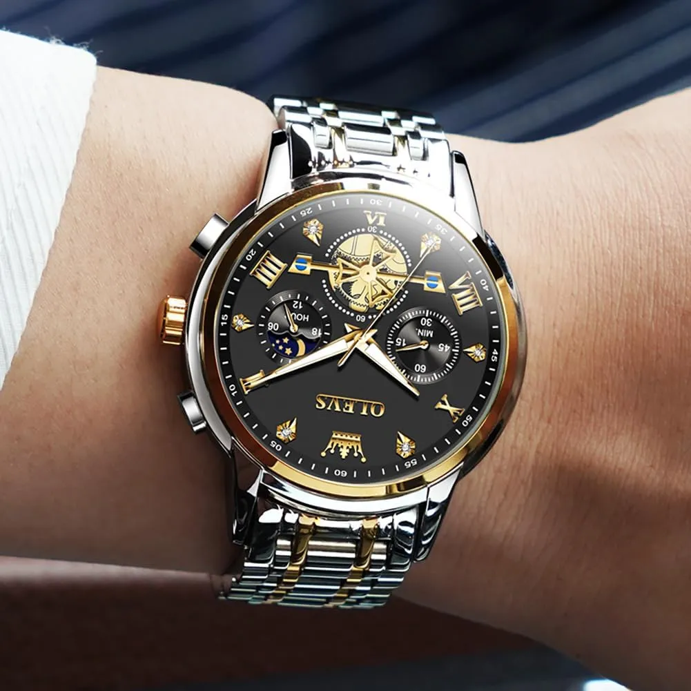 Analog Quartz Moon Phase Male Watch, Diamond recurring regular principle Multi Calendar Chronograph Watch,Waterproof Wrist Watch for Men OLEVS Men Skeleton Watches Stainless Steel 