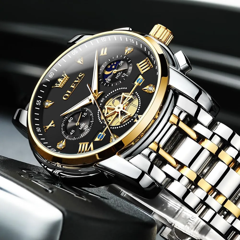 Analog Quartz Moon Phase Male Watch, Diamond recurring regular principle Multi Calendar Chronograph Watch,Waterproof Wrist Watch for Men OLEVS Men Skeleton Watches Stainless Steel 