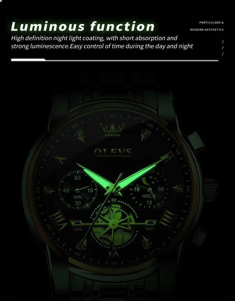 Analog Quartz Moon Phase Male Watch, Diamond recurring regular principle Multi Calendar Chronograph Watch,Waterproof Wrist Watch for Men OLEVS Men Skeleton Watches Stainless Steel 