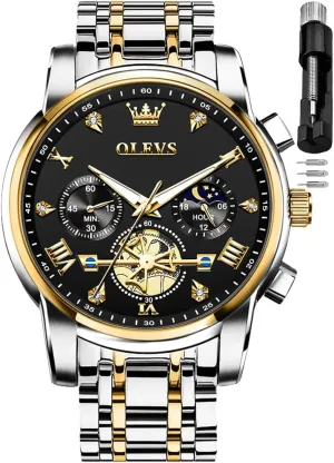 Analog Quartz Moon Phase Male Watch, Diamond recurring regular principle Multi Calendar Chronograph Watch,Waterproof Wrist Watch for Men OLEVS Men Skeleton Watches Stainless Steel 