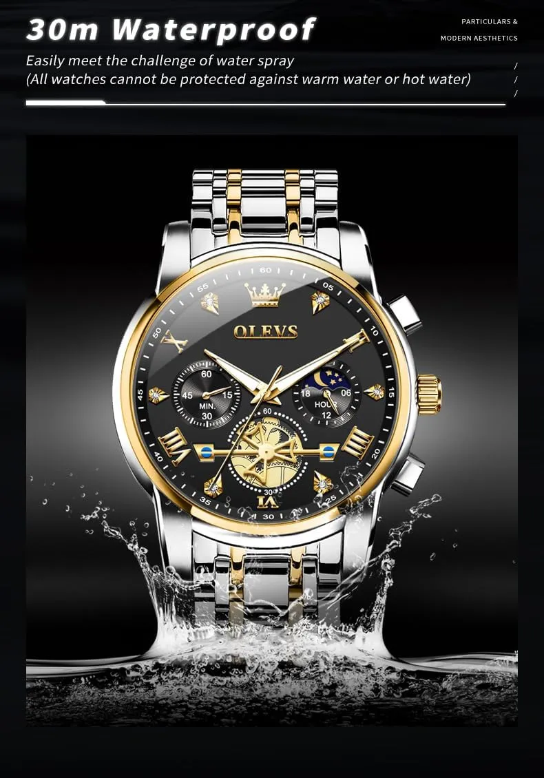 Analog Quartz Moon Phase Male Watch, Diamond recurring regular principle Multi Calendar Chronograph Watch,Waterproof Wrist Watch for Men OLEVS Men Skeleton Watches Stainless Steel 