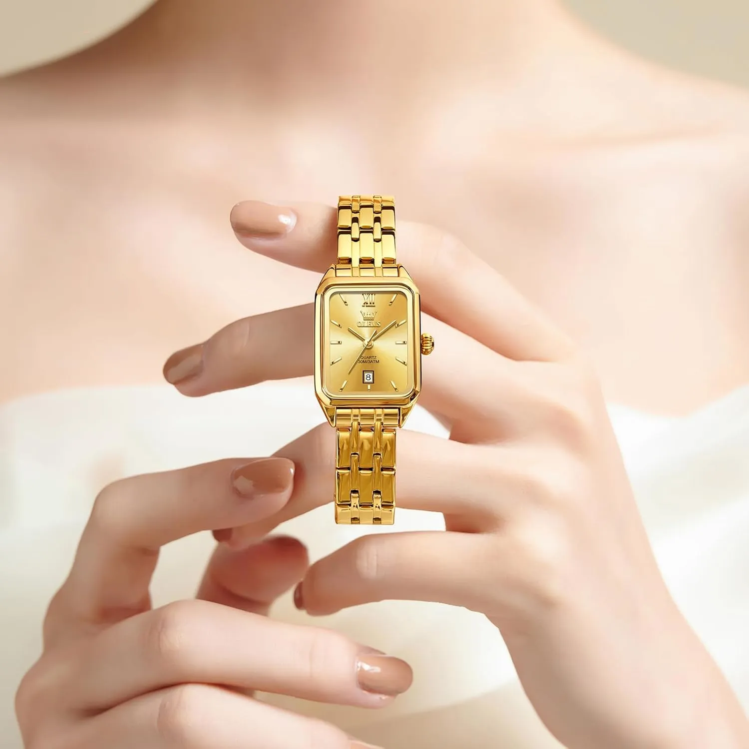 Analog Quartz Women Dress Watch, Fashion Calendar Date Waterproof Wrist Watch for Women OLEVS Women's Gold Stainless Steel Watch, Small Square Face Diamond Decorated viscera shrink saddle intrusion Ladies Watch, Luxury 