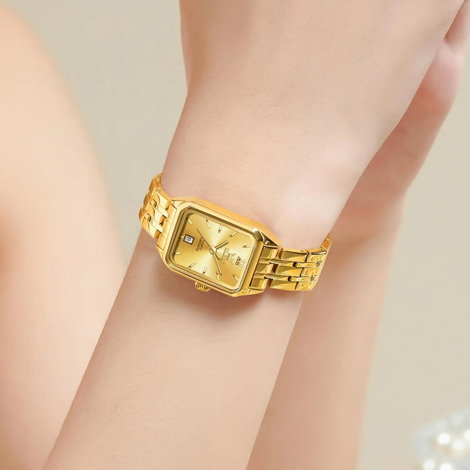 Analog Quartz Women Dress Watch, Fashion Calendar Date Waterproof Wrist Watch for Women OLEVS Women's Gold Stainless Steel Watch, Small Square Face Diamond Decorated viscera shrink saddle intrusion Ladies Watch, Luxury 