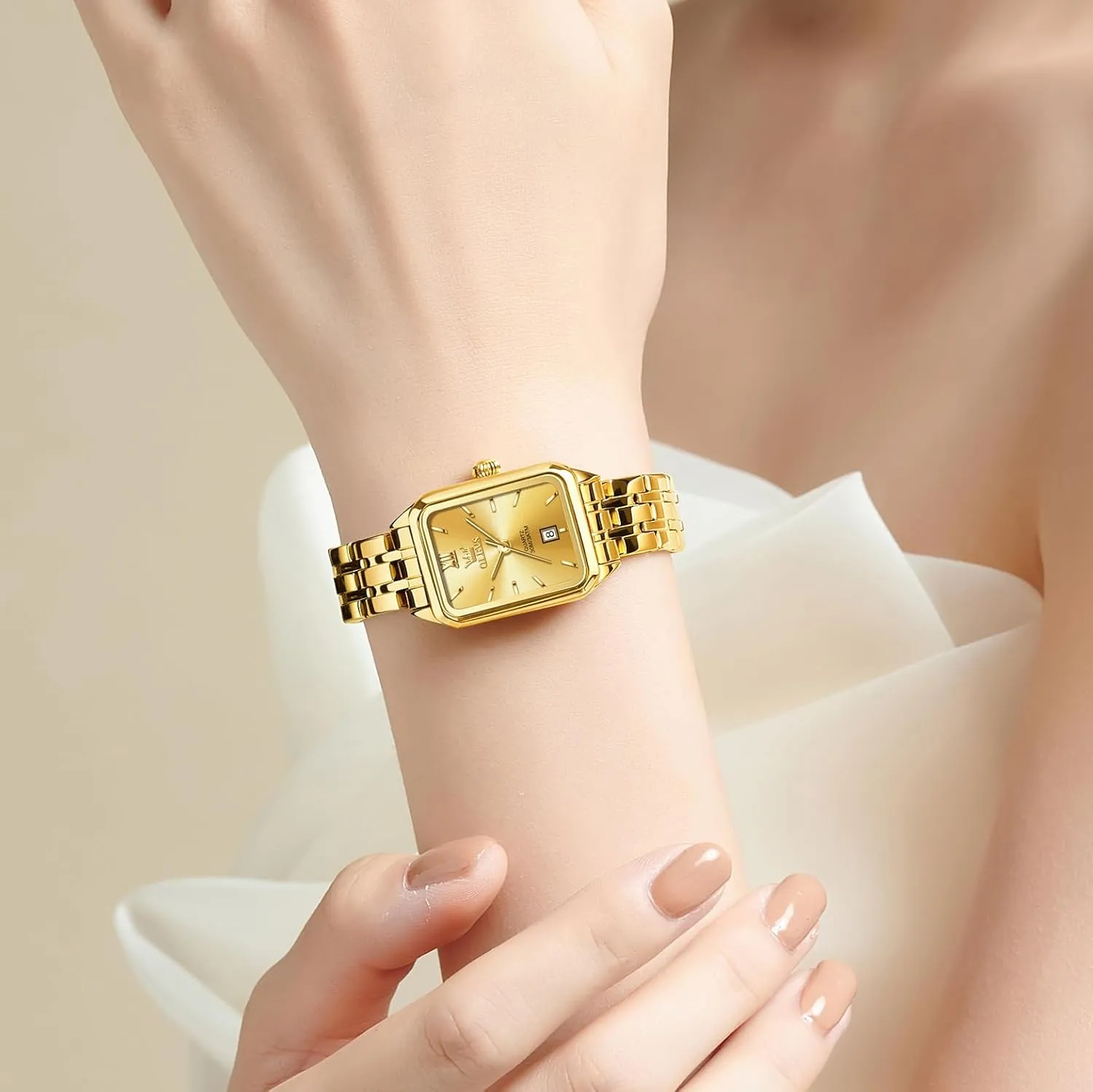 Analog Quartz Women Dress Watch, Fashion Calendar Date Waterproof Wrist Watch for Women OLEVS Women's Gold Stainless Steel Watch, Small Square Face Diamond Decorated viscera shrink saddle intrusion Ladies Watch, Luxury 