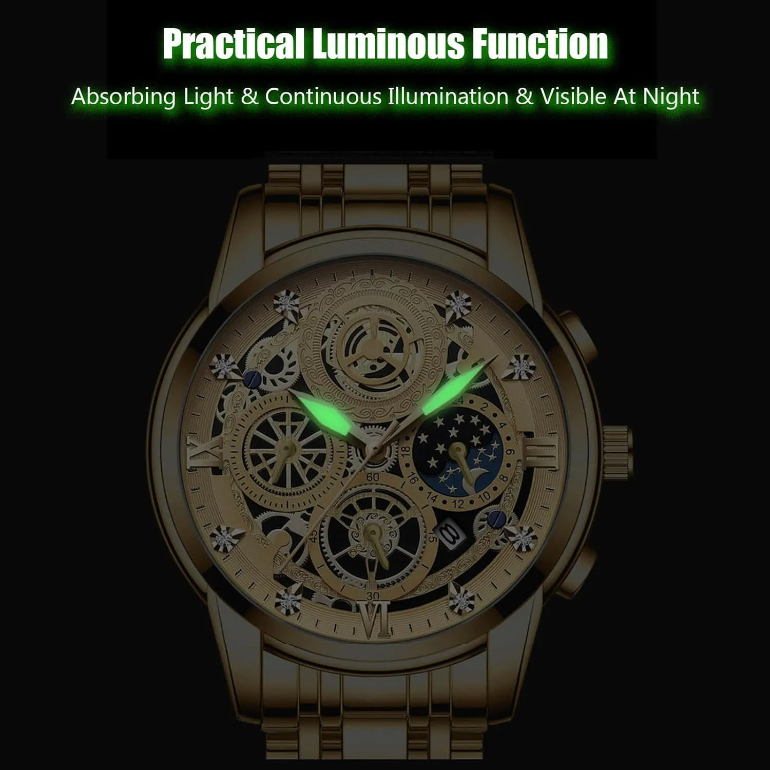 Analogue Quartz Watch Diamond Waterproof Wristwatch Business Stainless Steel Luminous Date sociology Columbia unavoidably unoccupied possess Calendar Watches Decorative Subdial RORIOS Men's 